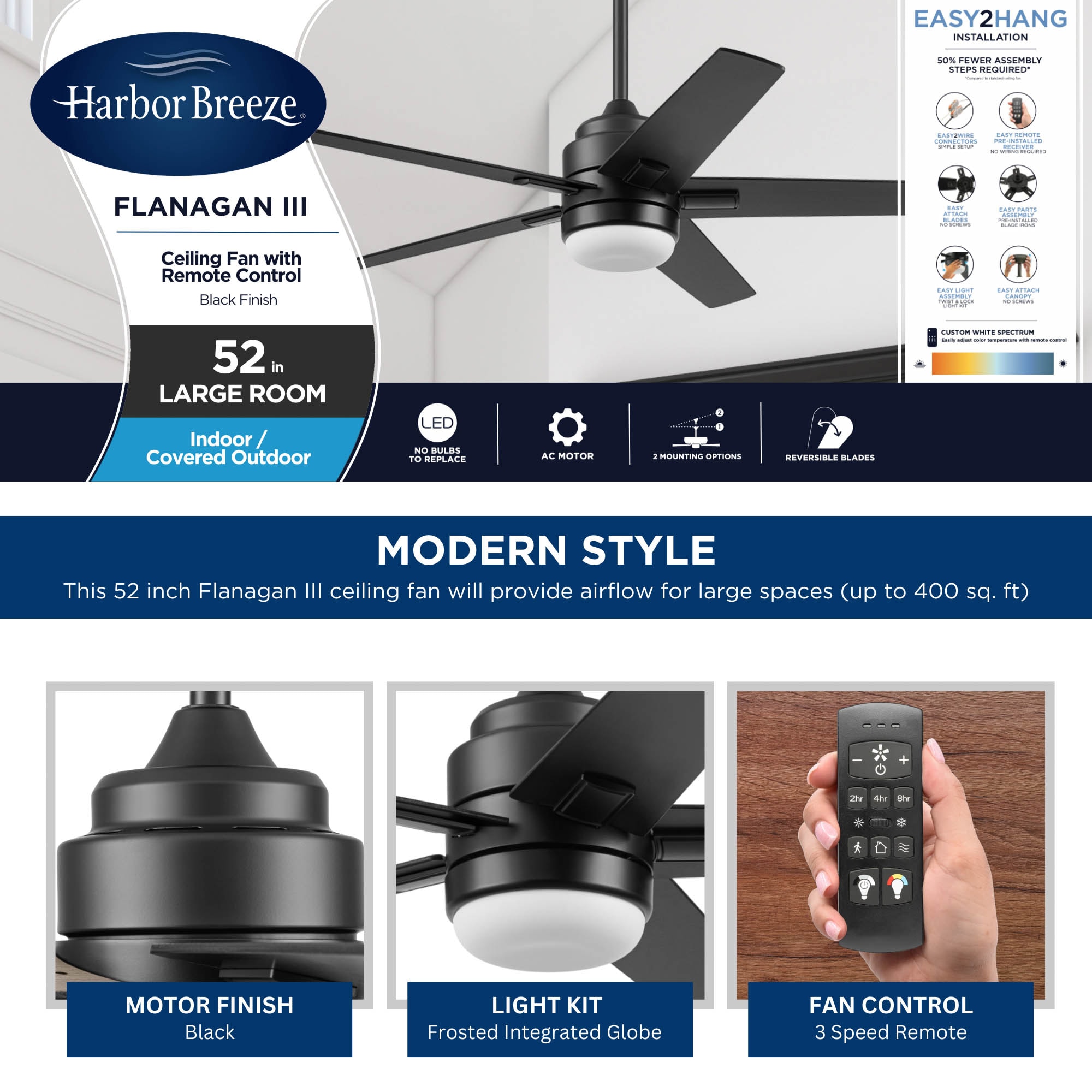 Flanagan III 52-in Color-Changing Integrated LED Outdoor Matte Black with Black/Driftwood Blades Ceiling Fan With Light - Remote Included ( 5 -Blade ) - Image 3