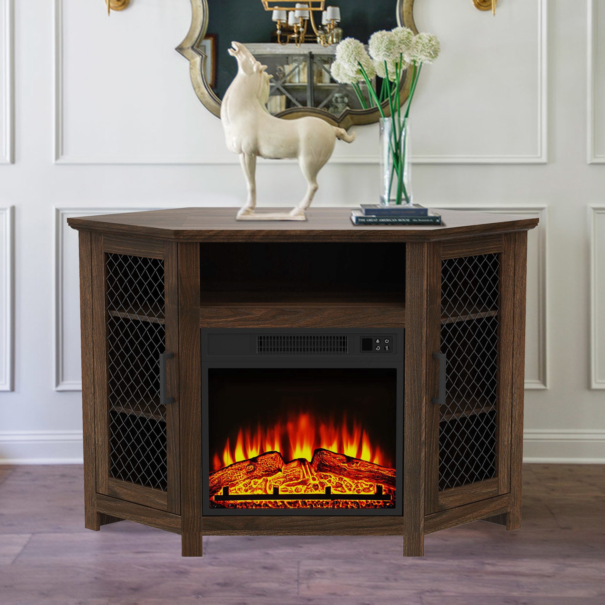 45-in W Dark Walnut TV Stand with LED Corner or flat wall Electric Fireplace with Remote Control Included