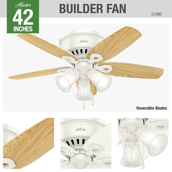 Hunter Builder Low Pro 42-in Snow White with Snow White/Light Oak Blades LED Indoor Flush Mount Ceiling Fan with Light (5-Blade) - Image 5