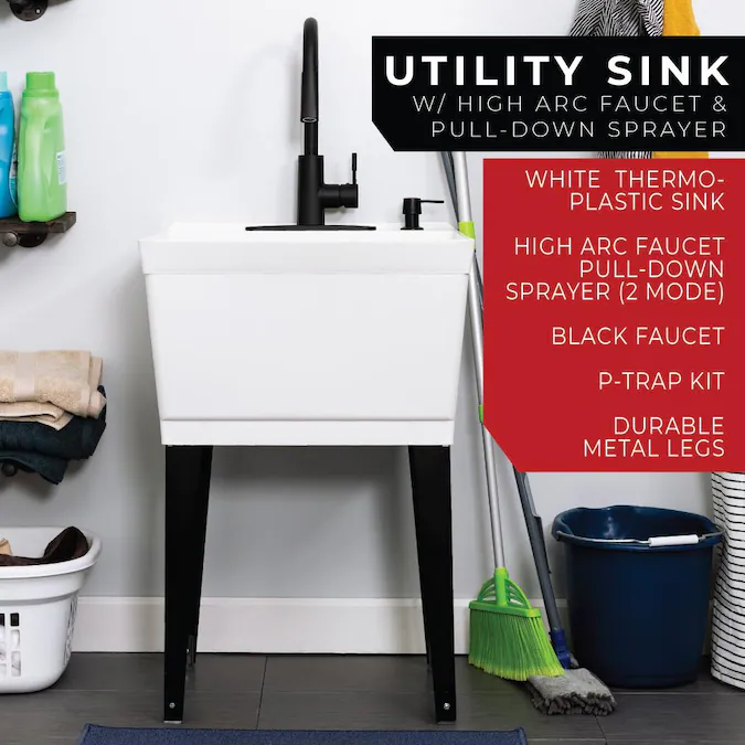 Cambridge Resources 23.5-in x 22.875-in 1-Basin White Freestanding Utility Tub with Drain and Faucet - Image 3