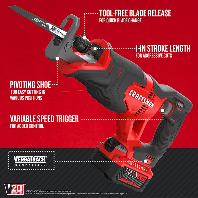 CRAFTSMAN V20 20-volt Max Variable Cordless Reciprocating Saw (Charger Included and Battery Included) - Image 2