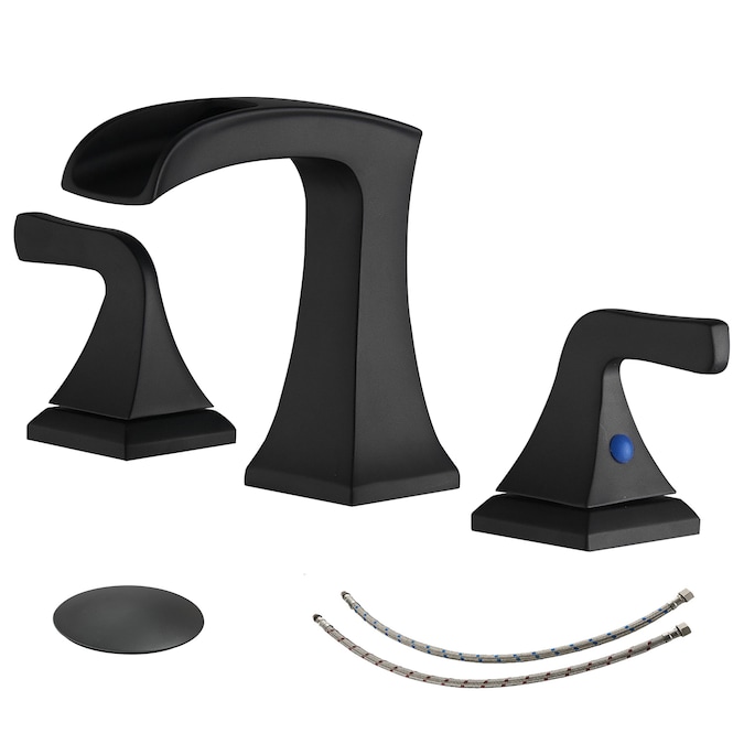 BWE Matte Black Widespread 2-Handle WaterSense Waterfall Bathroom Sink Faucet with Drain