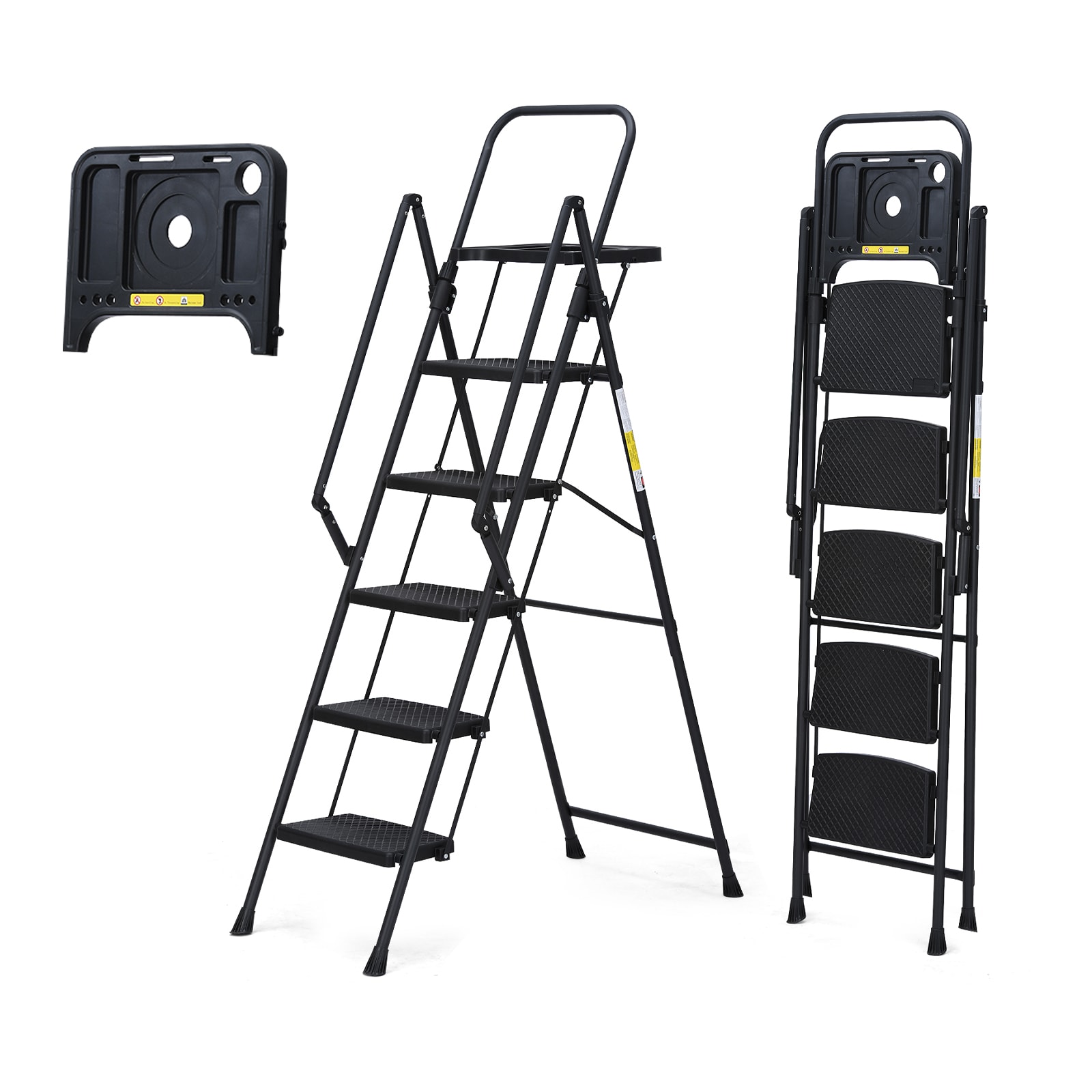 5 Step Ladder 5 -Step 500-lb Capacity Black Steel Foldable Step Stool