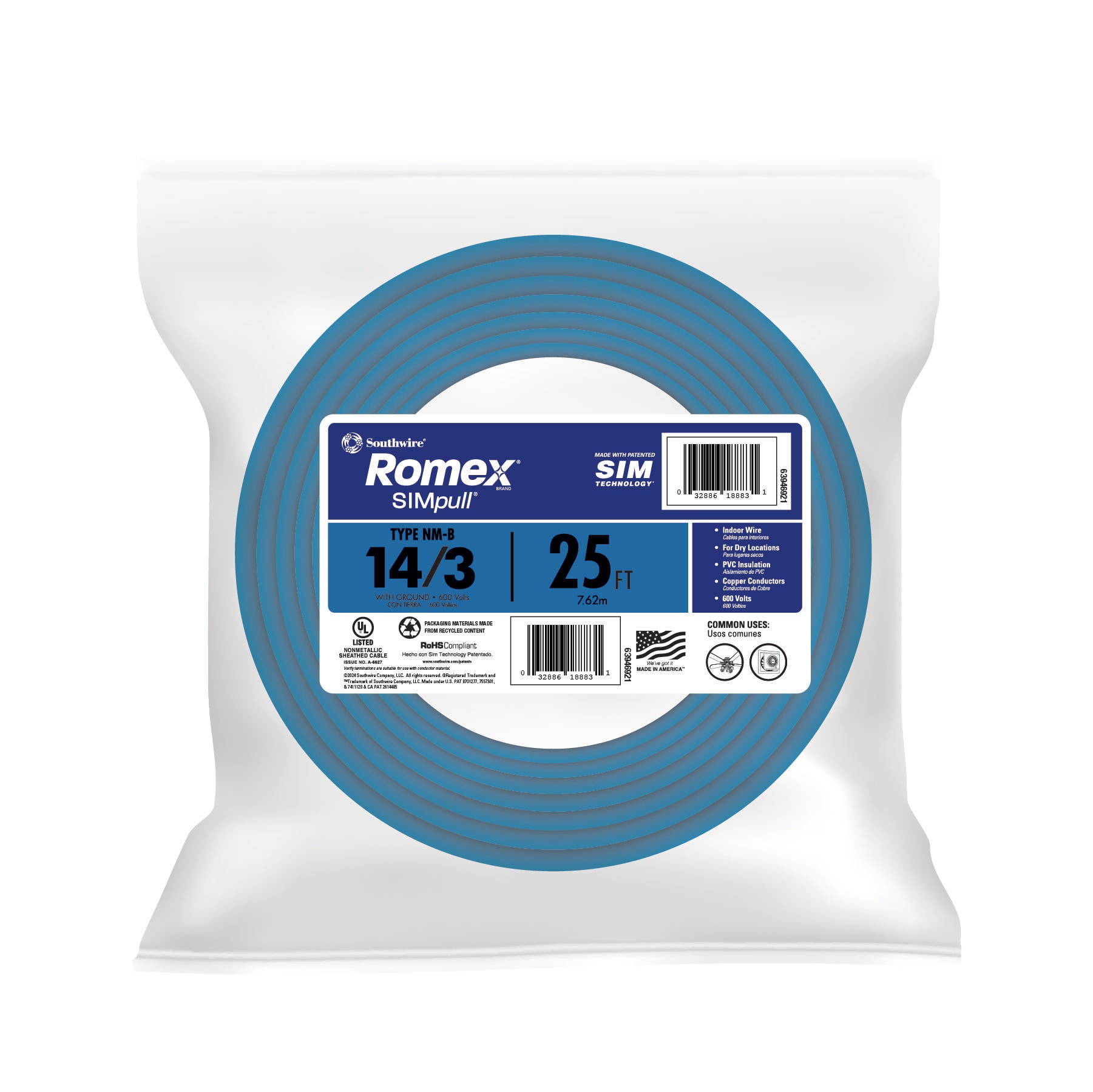 25-ft 14 / 3 / Romex SIMpull Solid Indoor CU NM-B W/G Individual pack ( By-the-roll )