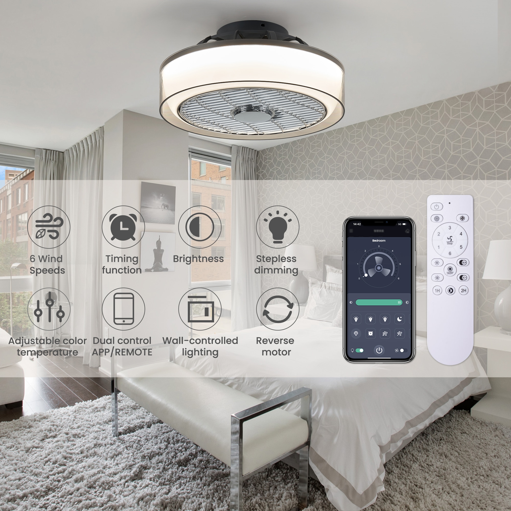 16-in Color-Changing Integrated LED Flush Mount Smart Farmhouse LED Enclosed Smoky Gray with ABS Blades Bladeless Ceiling Fan With Light - Remote Included ( 5 -Blade ) - Image 3