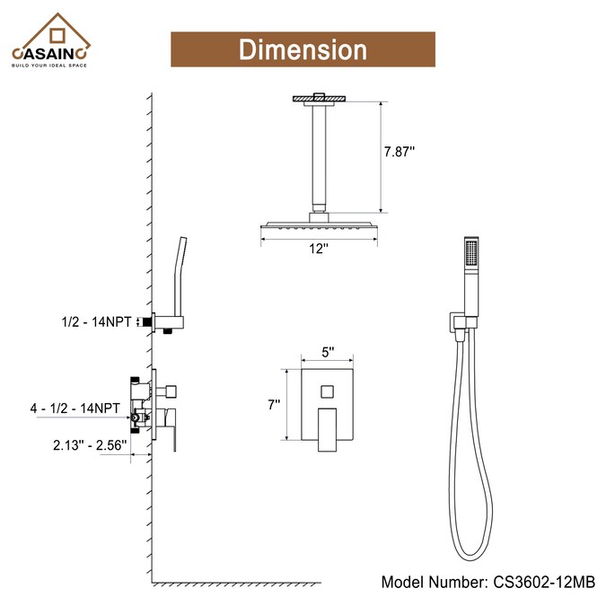 CASAINC Matte Black 10-in Waterfall Dual Head Built-In Shower Faucet System with 2-way Diverter (Pressure-balanced Valve Included) - Image 2