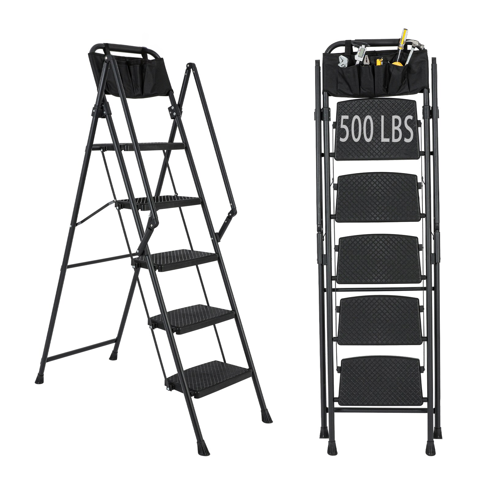 5 Step Ladder 5 -Step 550-lb Capacity Black Steel Foldable Step Stool