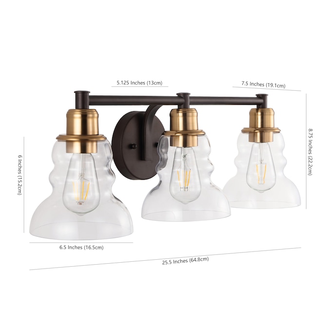 JONATHAN Y Manhattan Vintage Metal/Glass Industrial Rustic 25.5-in 3-Light Satin Gold LED Farmhouse Vanity Light - Image 5