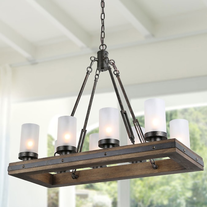 LNC Appia 8-Light 30" L Black and Dark Brown Wood Farmhouse Frosted Glass Linear LED Large Hanging Kitchen Island Light
