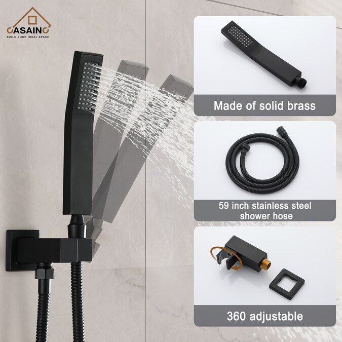 CASAINC Matte Black 10-in Waterfall Dual Head Built-In Shower Faucet System with 2-way Diverter (Pressure-balanced Valve Included) - Image 6