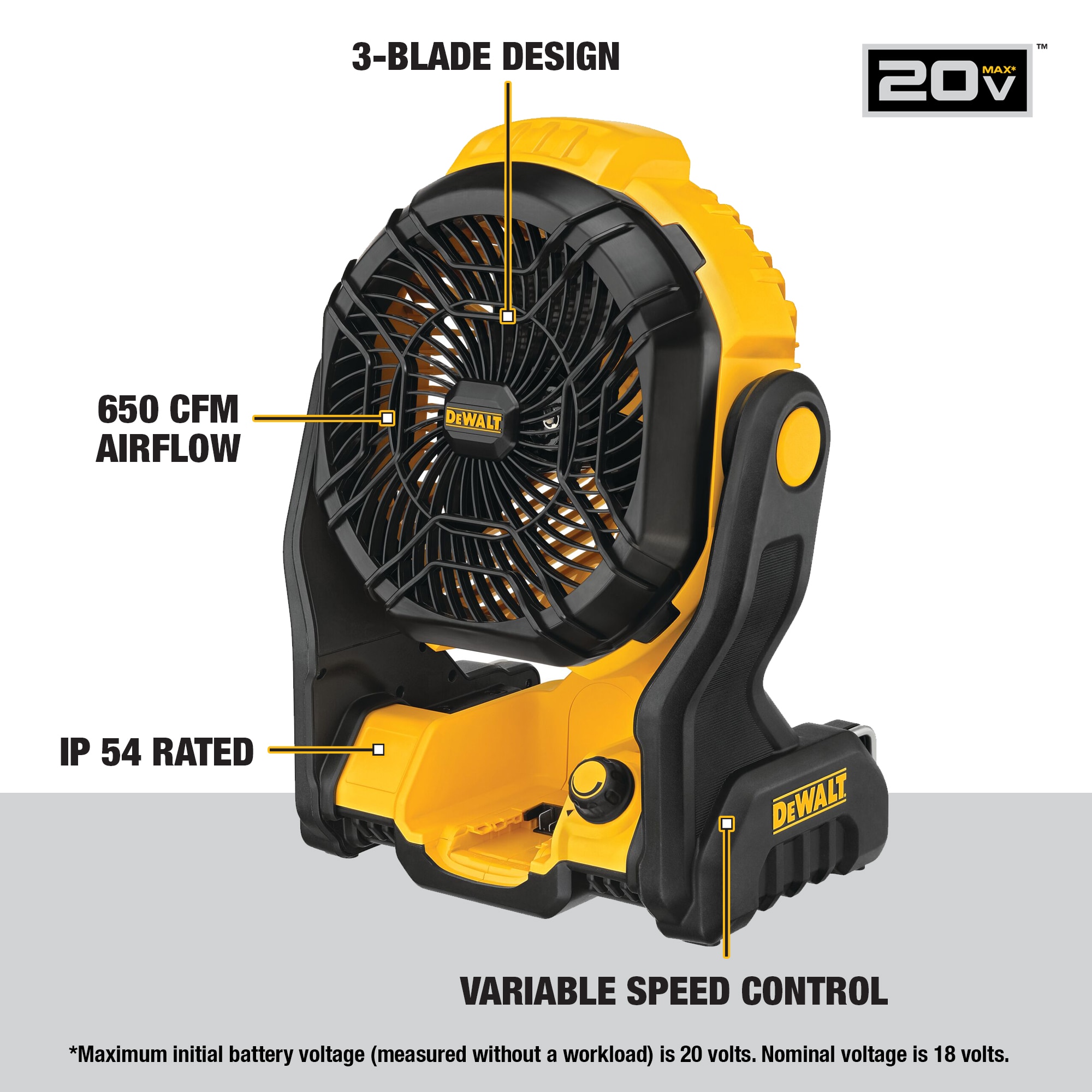 8-in 20 -Volt 3 -Speed Indoor/Outdoor Yellow Jobsite Fan Battery(s) Included and Charger Included - Image 2