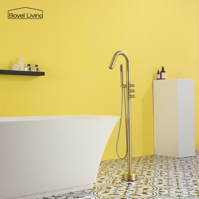 Clihome Brushed Gold 3-handle Freestanding Swivel Bathtub Faucet with Hand Shower (Valve Included) - Image 2