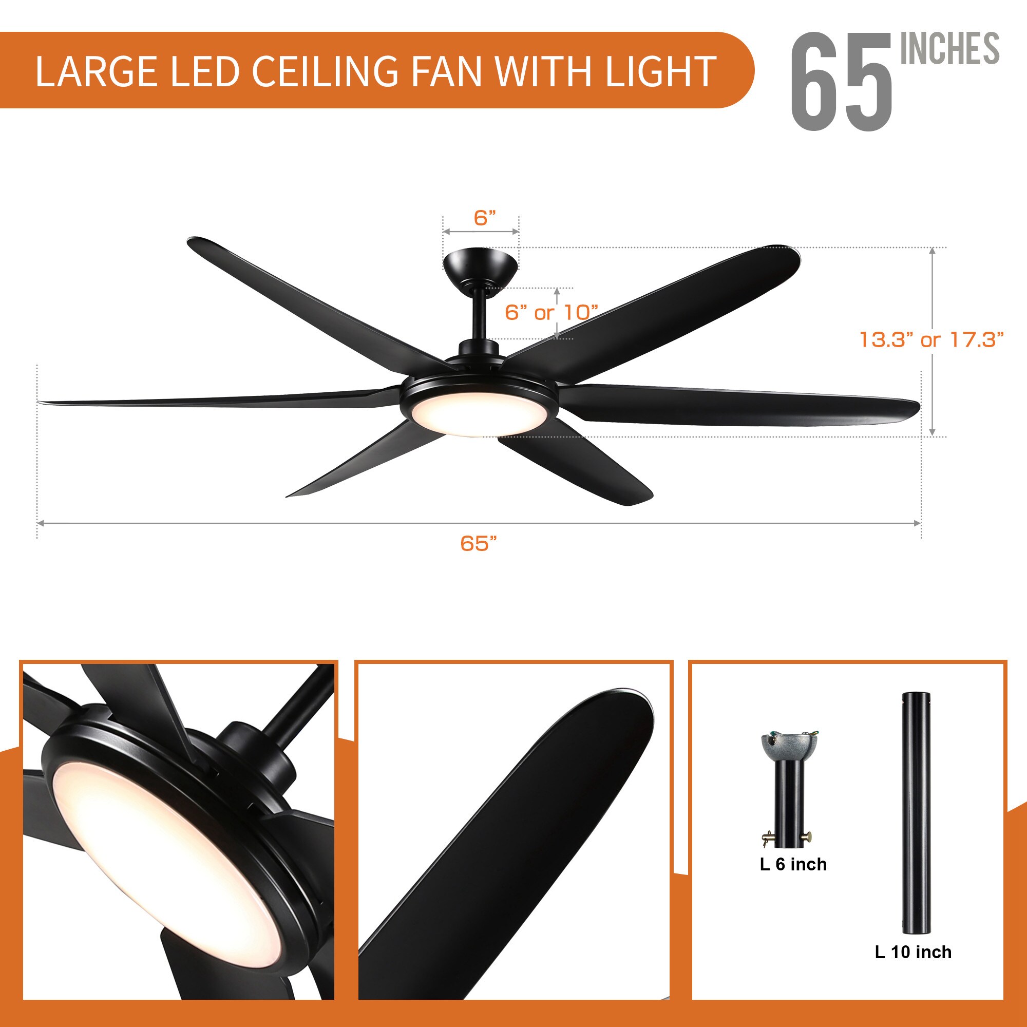 65-in Integrated LED Black with Black Blades Ceiling Fan With Light - Remote Included ( 6 -Blade ) - Image 4