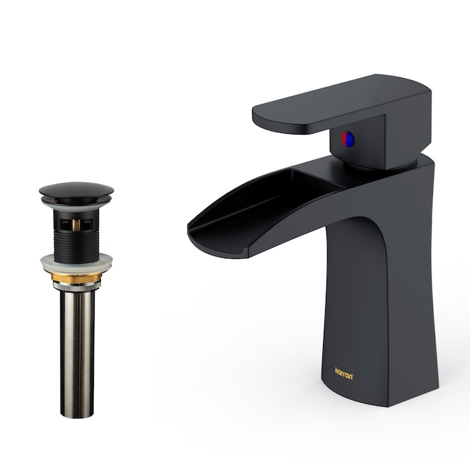Karran Kassel Matte Black Single Hole 1-Handle Waterfall Bathroom Sink Faucet with Drain