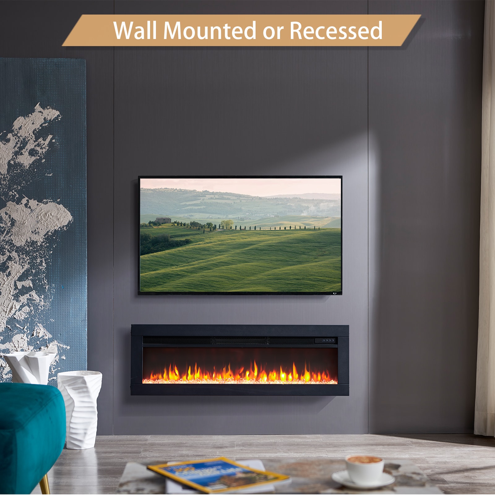40.16-Inches W Black Free standing Fan-forced Wall-mount Electric Fireplace with Remote Control Included - Image 7