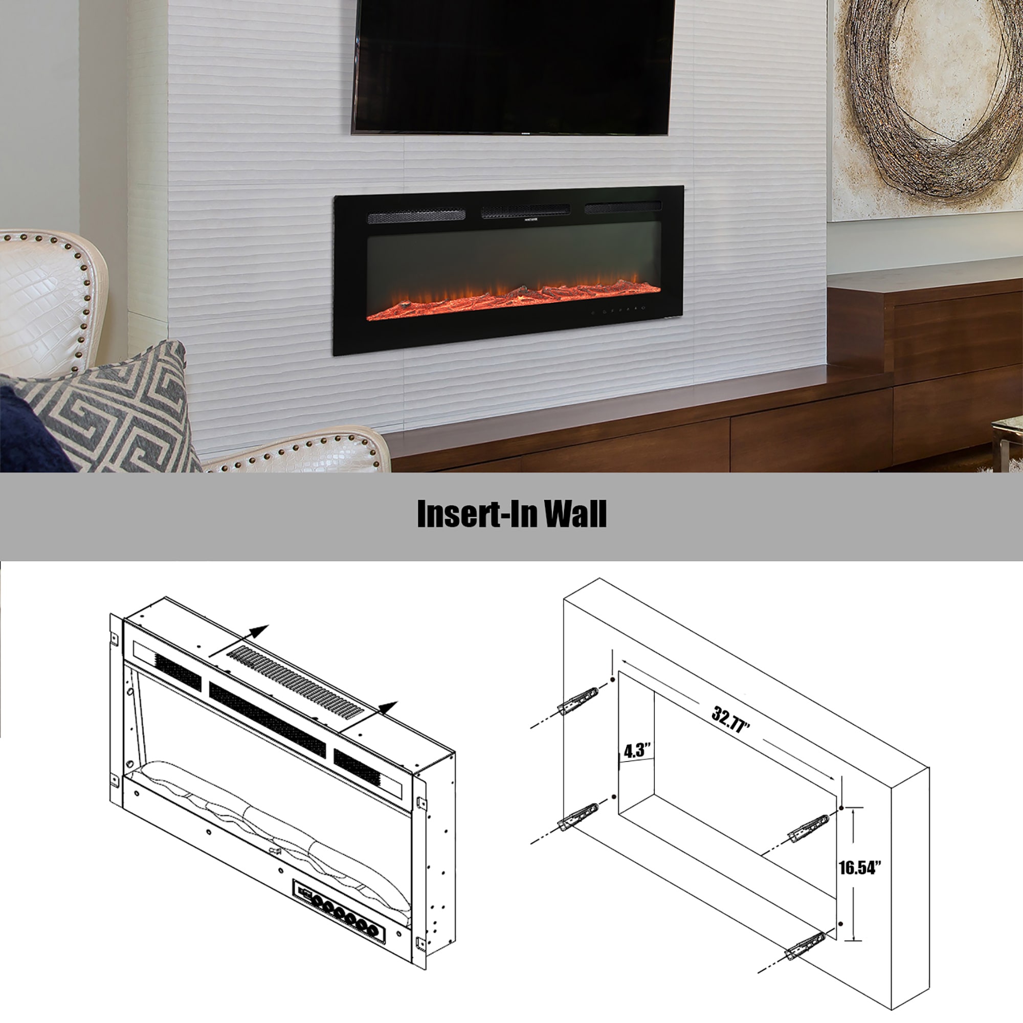 36-Inches W Black Wall mount LED Wall-mount Electric Fireplace with Remote Control Included - Image 9