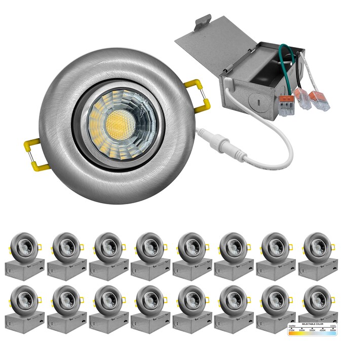 NUWATT Adjustable Lens Gimbal Lights Silver 3-in 600-Lumen Switchable Round Dimmable LED Canless Shower Recessed Downlight (16-Pack)