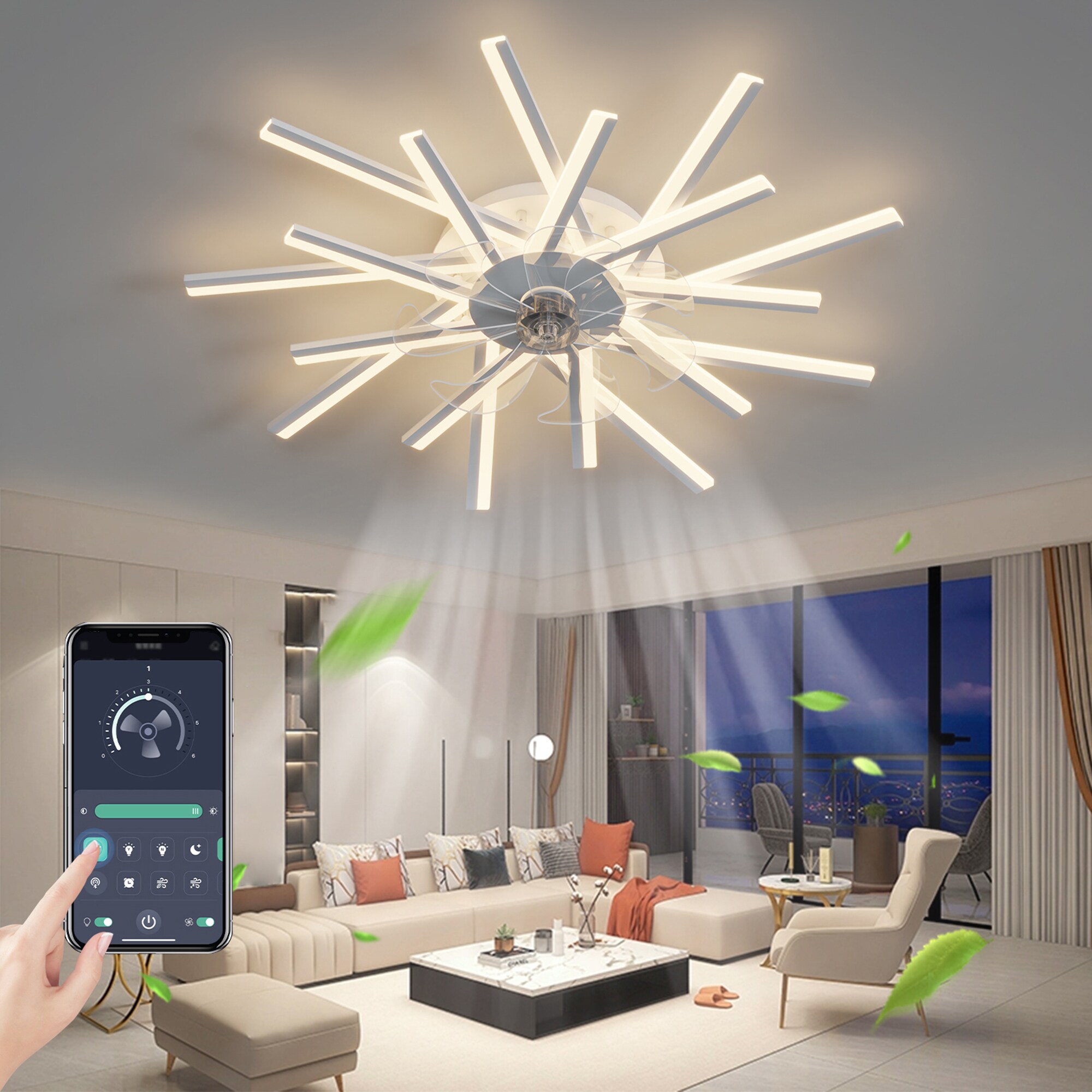 36-in Color-Changing Integrated LED Flush Mount Smart White with Finished Blades Fandelier Ceiling Fan With Light - Remote Included ( 7 -Blade ) - Image 4