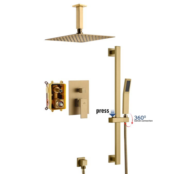 CASAINC Brush Gold 10-in Waterfall Dual Head Built-In Shower Faucet System with 2-way Diverter (Pressure-balanced Valve Included)