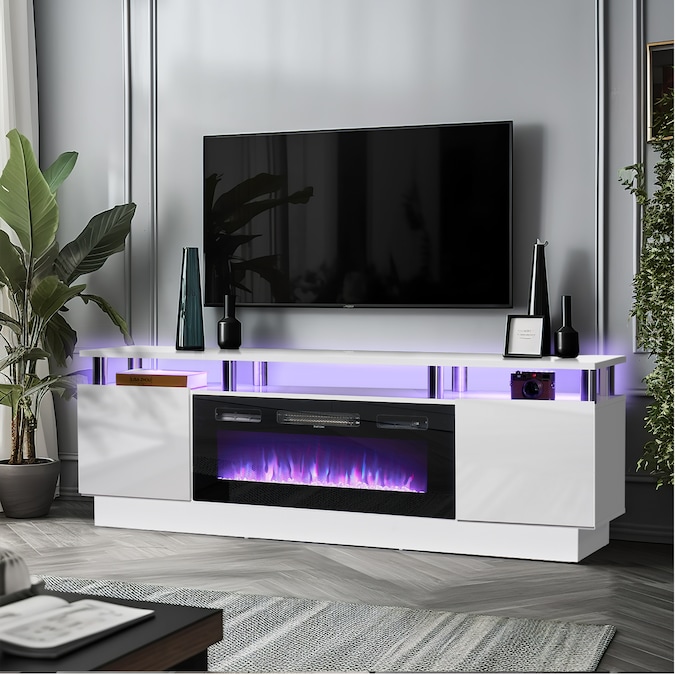 AOXUN 70-in W White TV Stand with LED Flat Wall Electric Fireplace with Remote Control Included