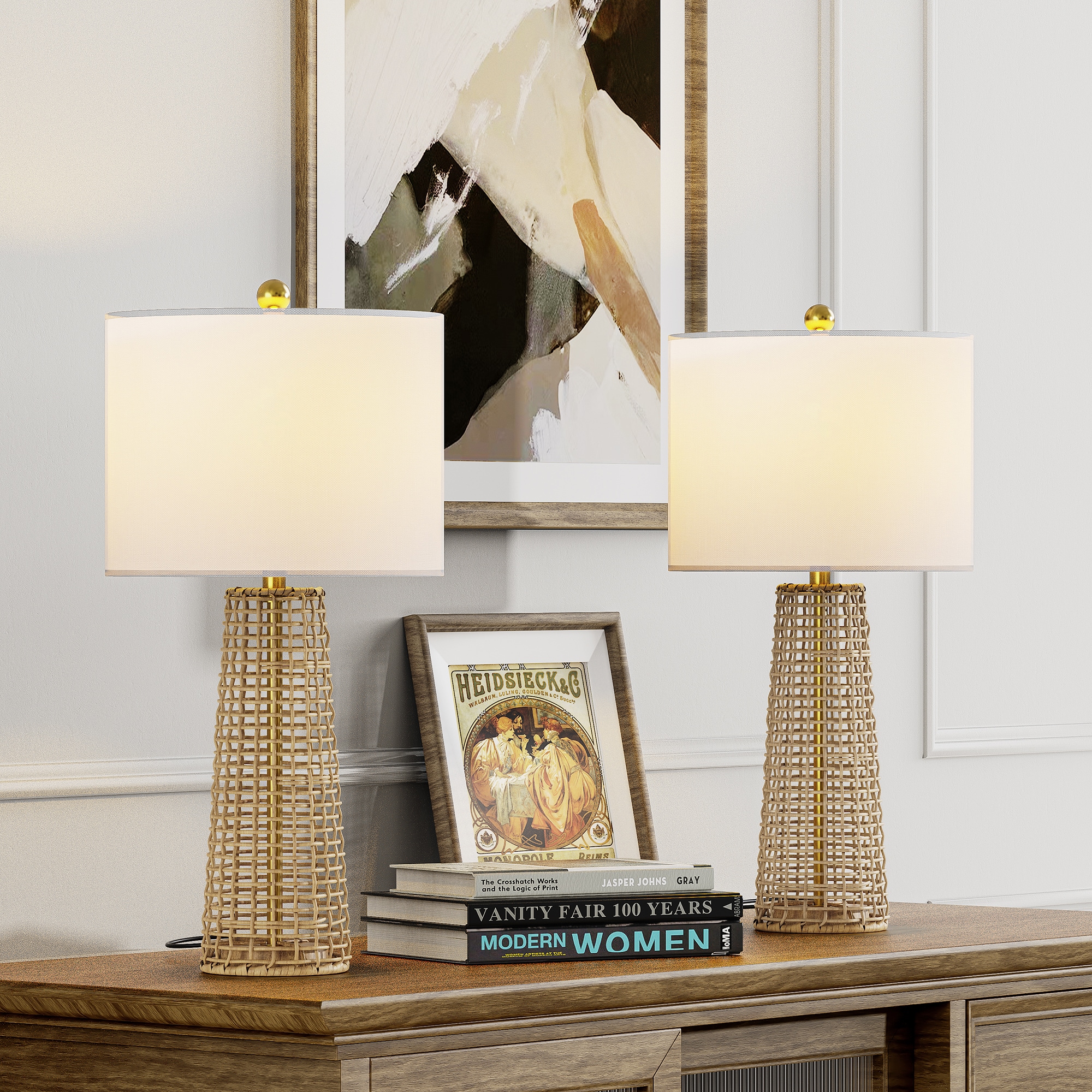 Deluxe 26.5-Inches Brown LED Incandescent Rotary socket Table Lamp with Linen Shade 2 -Set