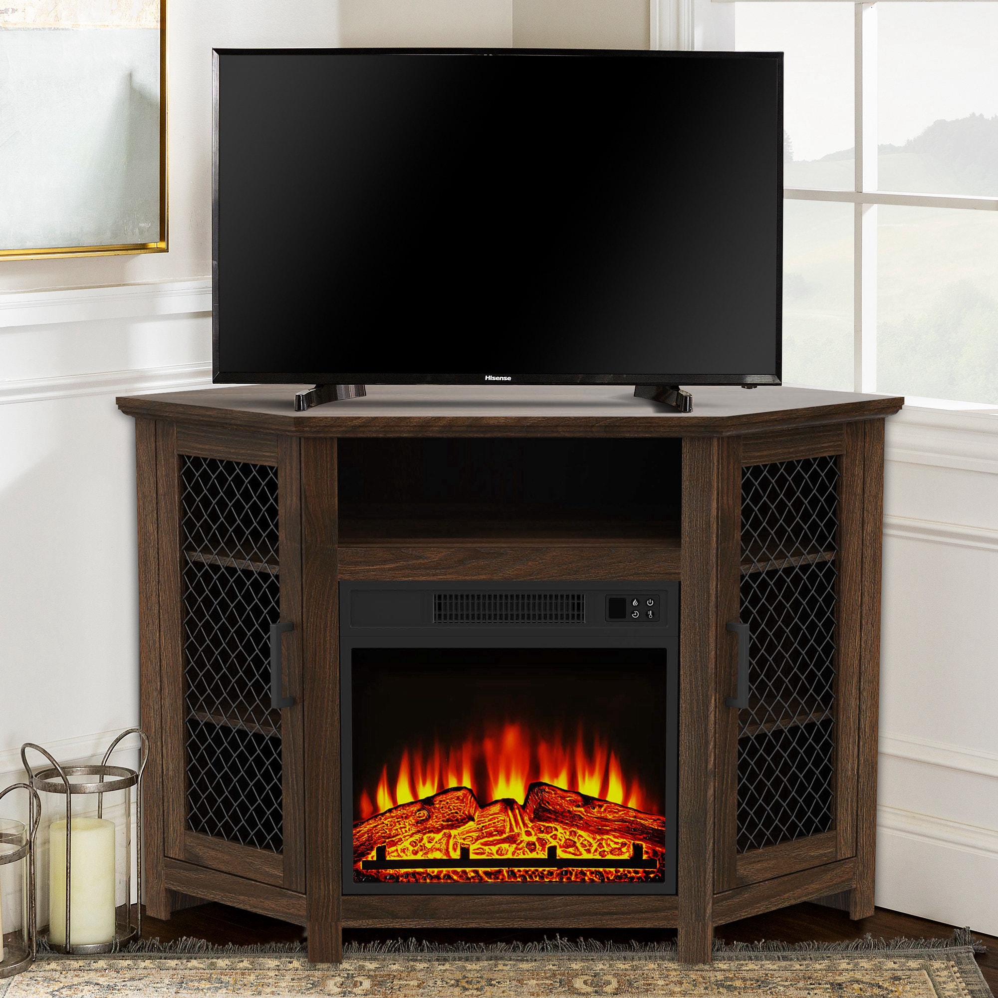 45-in W Dark Walnut TV Stand with LED Corner or flat wall Electric Fireplace with Remote Control Included - Image 9