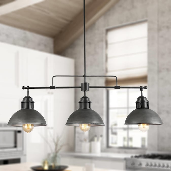 LNC Pict 3-Light 35.7'' Matte Black and Brushed Grey Farmhouse Dome LED Large Hanging Kitchen Island Light