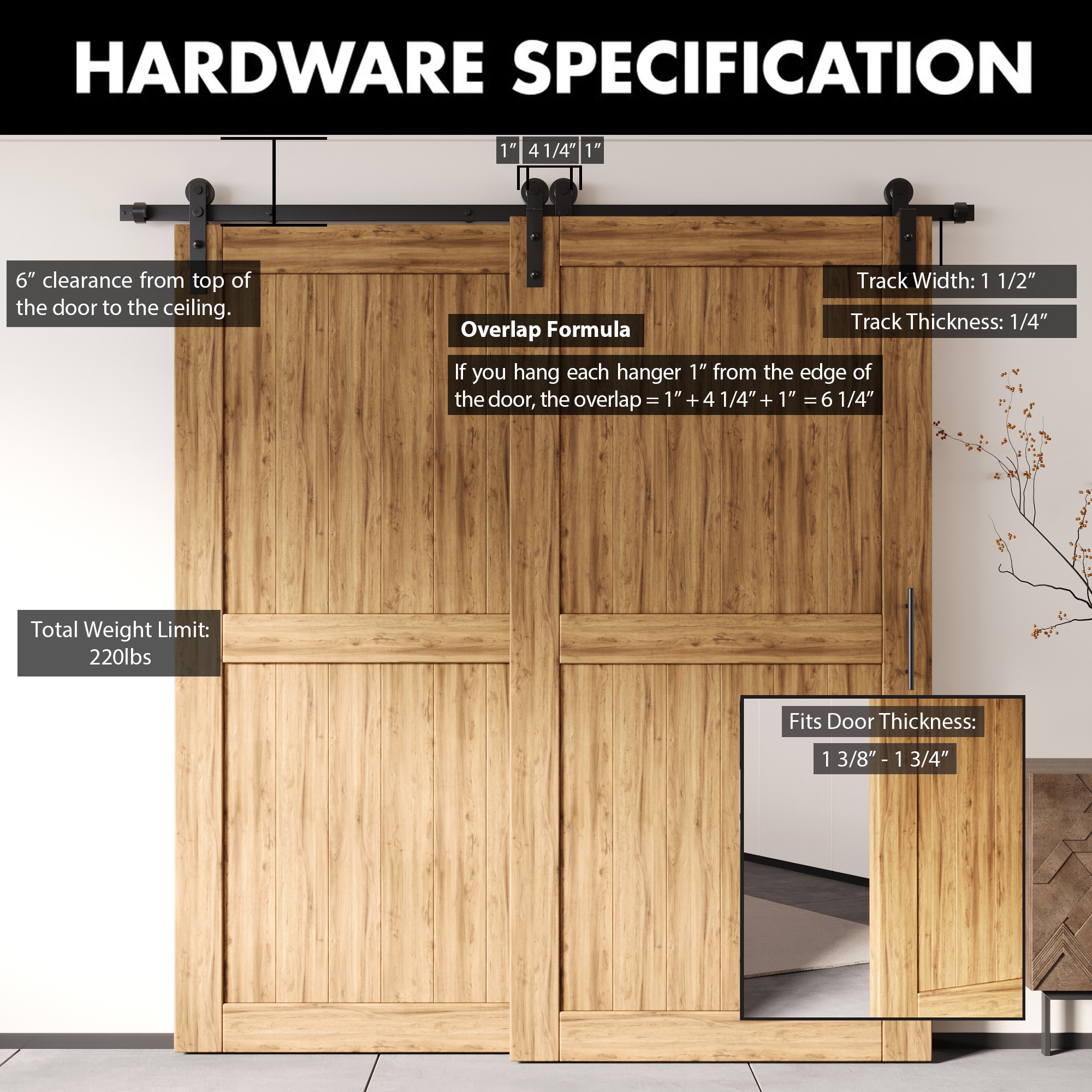 79-in Rustic black Black Indoor I-strap Double bypass Barn door hardware kit - Image 2