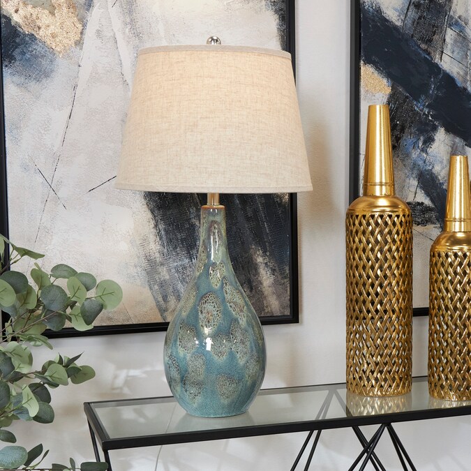 Grayson Lane 32-in Turquoise with Drum Shade On/Off Switch Table Lamp with Fabric Shade (Set of 2)