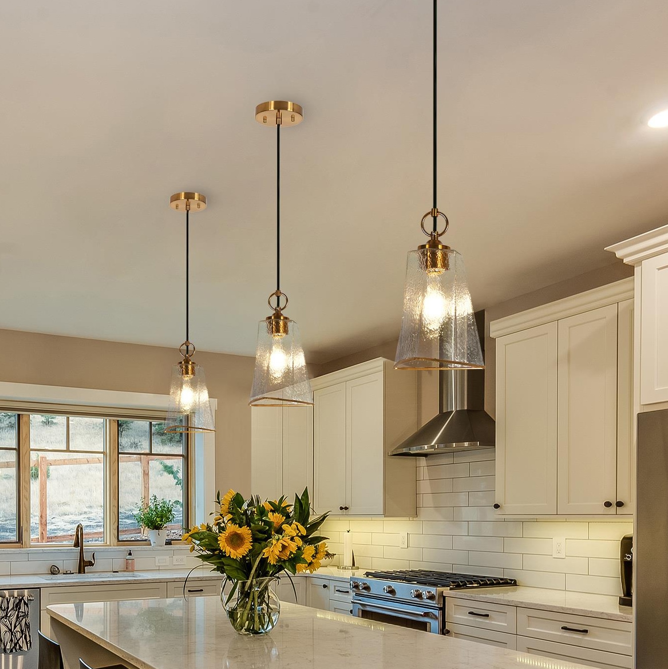 Sduiaor 1 -Light Polished Gold Modern/contemporary Textured glass Cone Mini Hanging Kitchen island light