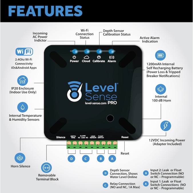 Level Sense Wi-Fi Enabled Sump Pump Monitor, High Water Alarm Indoor Smart Water Leak Detector - Image 2