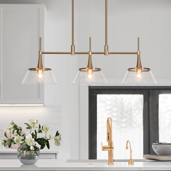 LNC Quoridan 3-Light 34.5-in Polished Gold Modern/Contemporary Seeded Glass Linear LED Large Hanging Kitchen Island Light