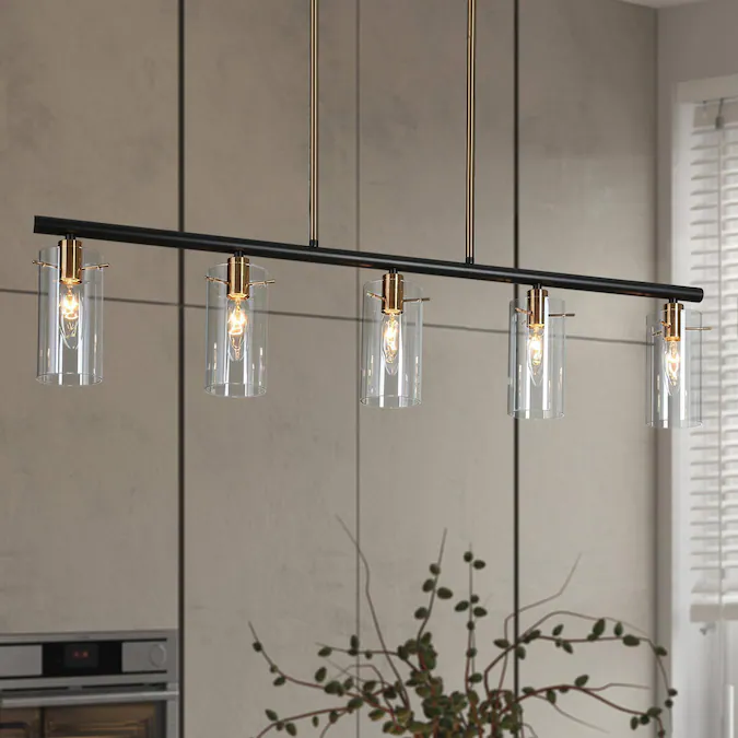 ZEVNI Gerda 5-Light Black and Gold Dining Room Chandelier Modern/Contemporary Clear Glass Linear LED Large Hanging Kitchen Island Light