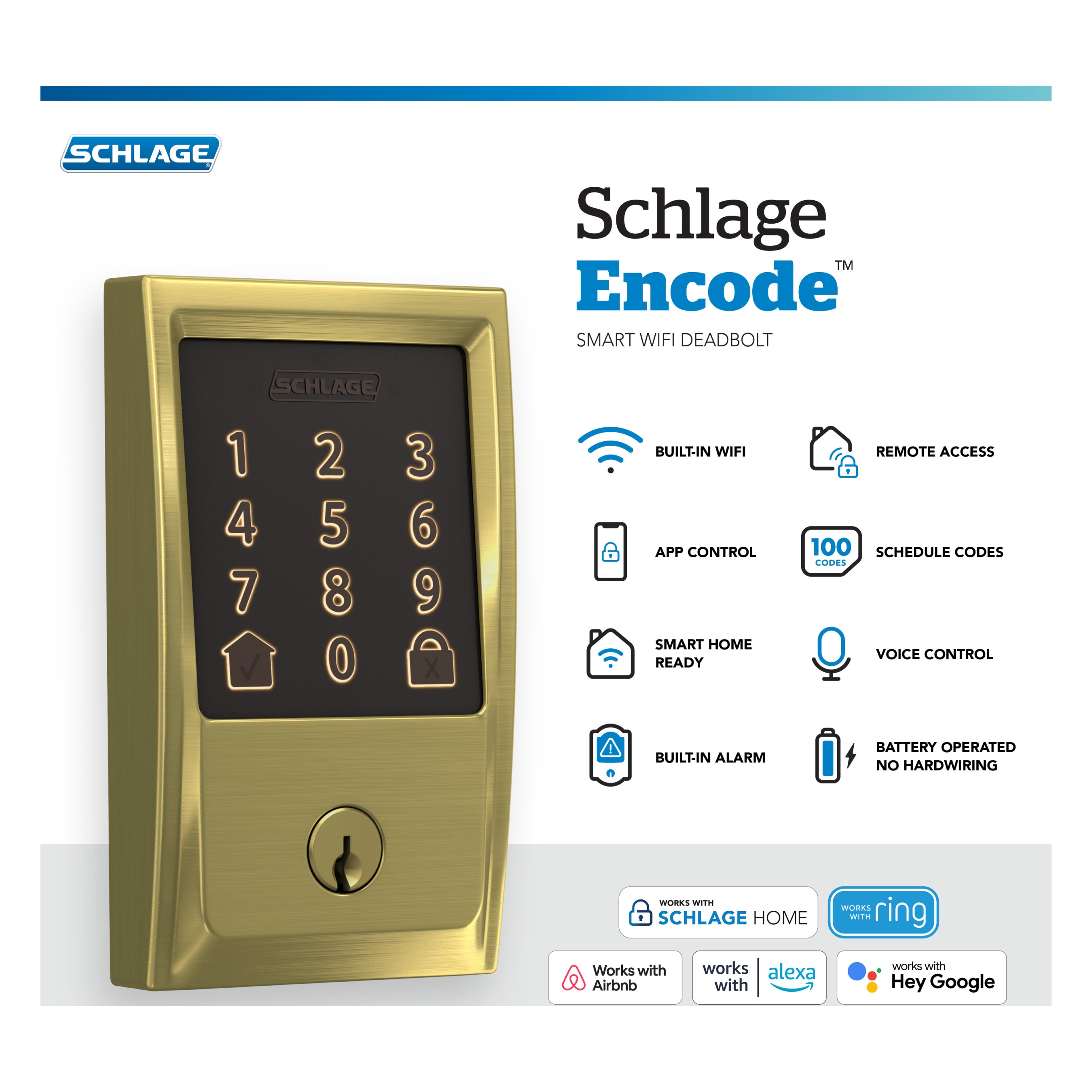 Encode Century Satin Brass Smart Lock Electronic Deadbolt with Wifi Bluetooth and Touchscreen Keypad - Image 2
