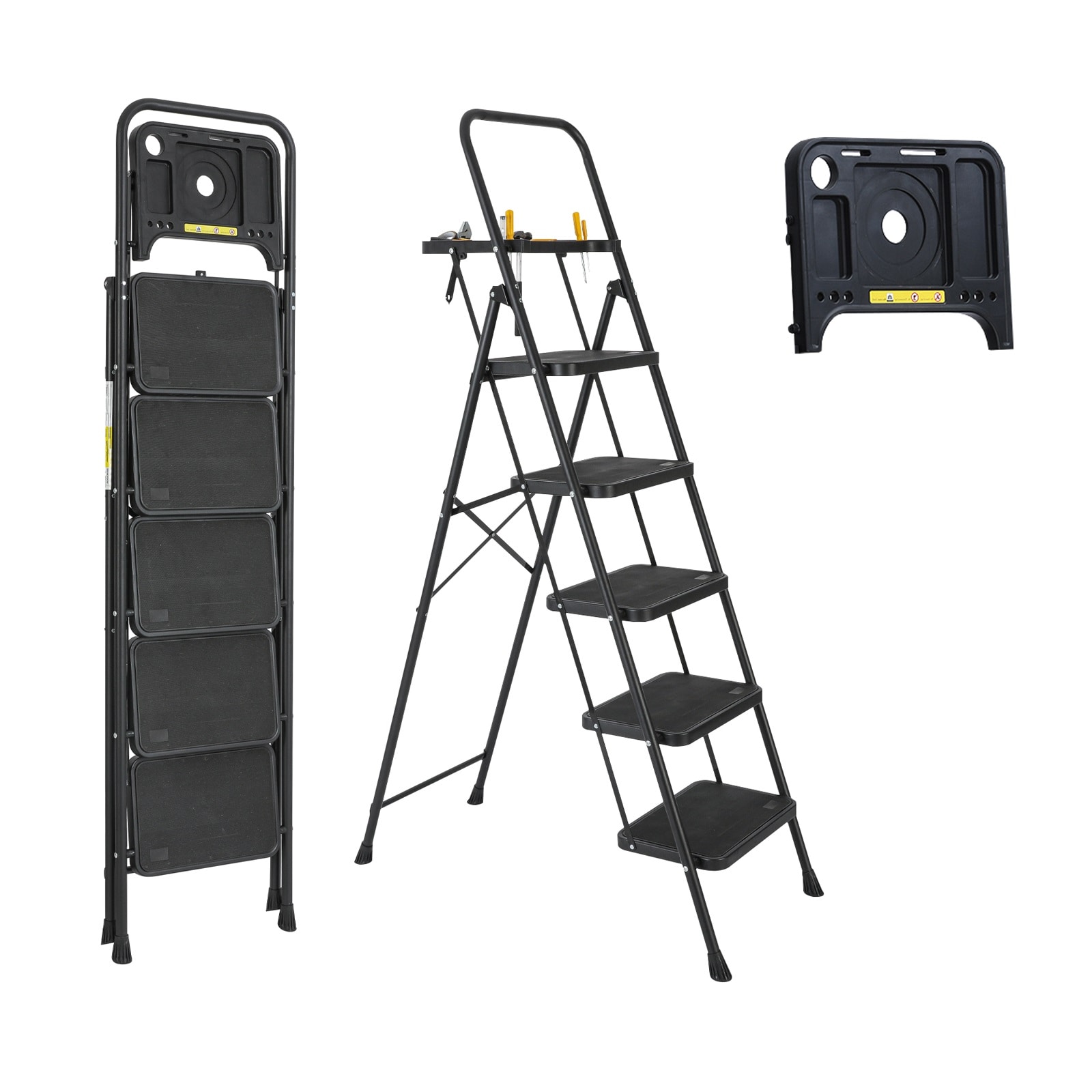 5 Step Ladder 5 -Step 550-lb Capacity Black Steel Foldable Step Stool