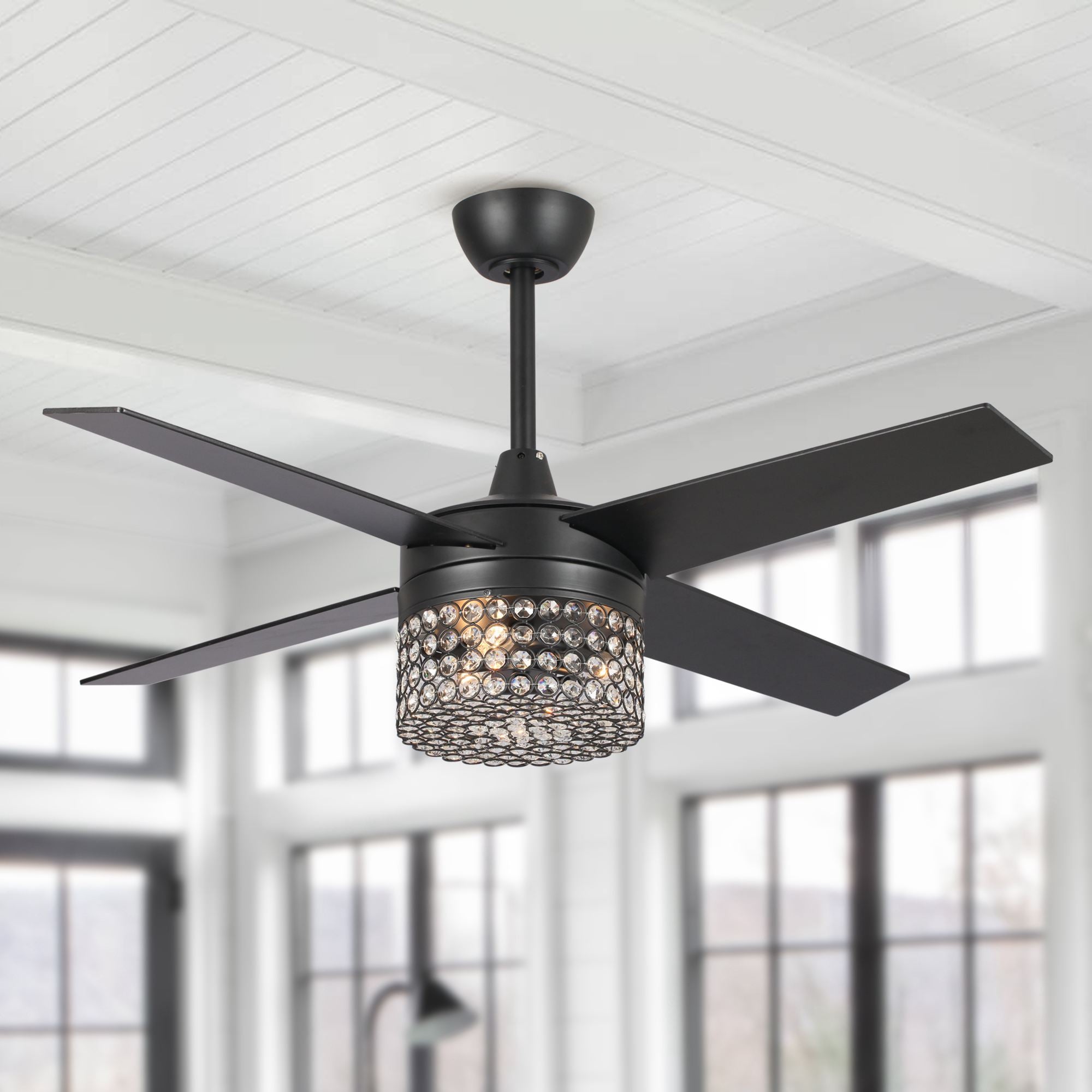 48.0-in Matte Black with Matte Black Blades Chandelier Ceiling Fan Light Kit Compatible - Remote Included ( 4.0 -Blade )