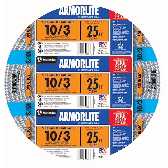 Southwire Armorlite 25-ft 10/3 Solid Aluminum MC (Metal Clad) Cable