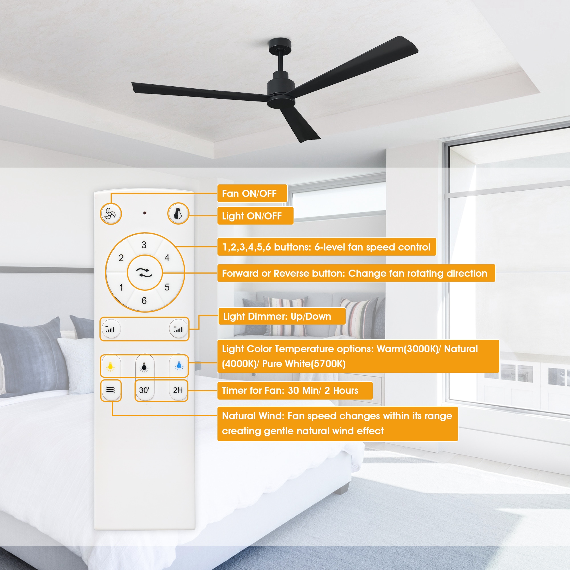 52-in Outdoor Matte Black with Black Blades Ceiling Fan Without Light - Remote Included ( 3 -Blade ) - Image 6