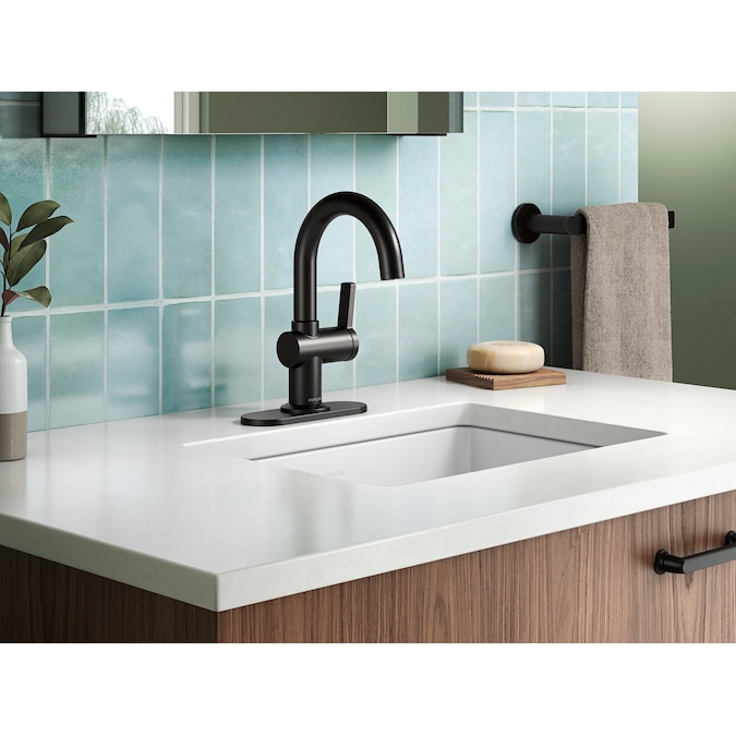 ER Premise Matte Black Single Hole 1-Handle WaterSense Bathroom Sink Faucet with Drain and Deck Plate