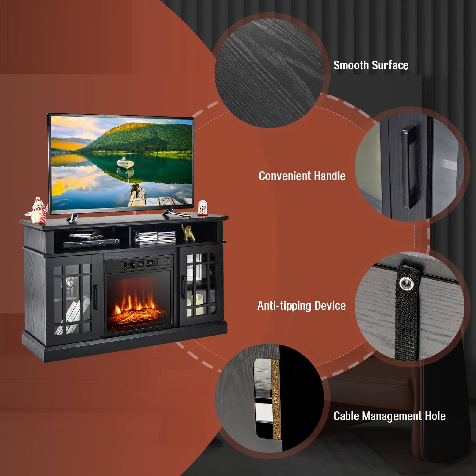 48-in W Black TV Stand with Fan-forced Corner or flat wall Electric Fireplace with Remote Control Included - Image 7