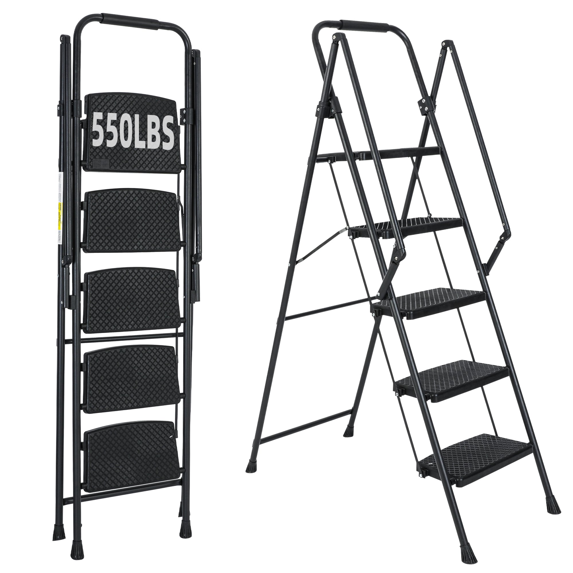 5 Step Ladder 5 -Step 550-lb Capacity Black Steel Foldable Step Stool