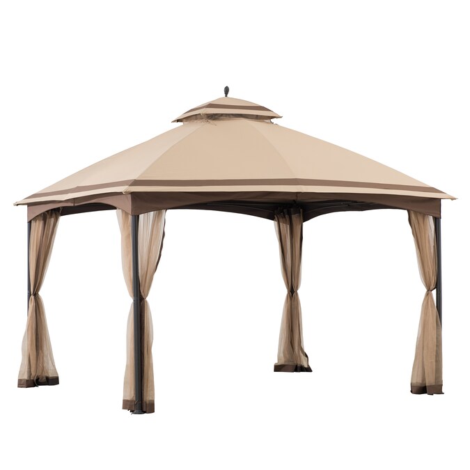 Sunjoy 10.5-ft x 13-ft Rectangle Tan Metal Polyester Roof Semi-permanent Gazebo with Screen Included