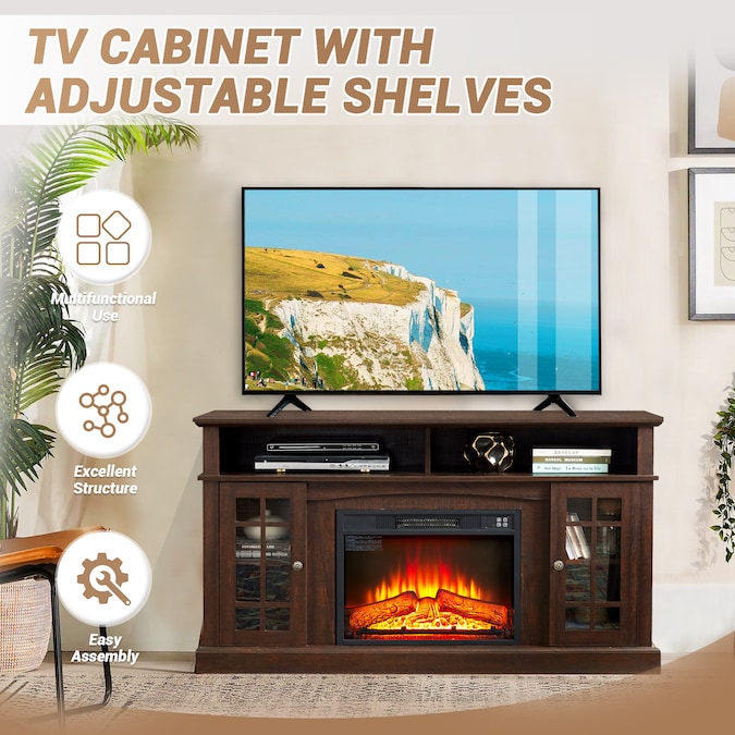 Fun Orange 58.25-in W Espresso TV Stand with Fan-forced Corner Electric Fireplace with Remote Control Included