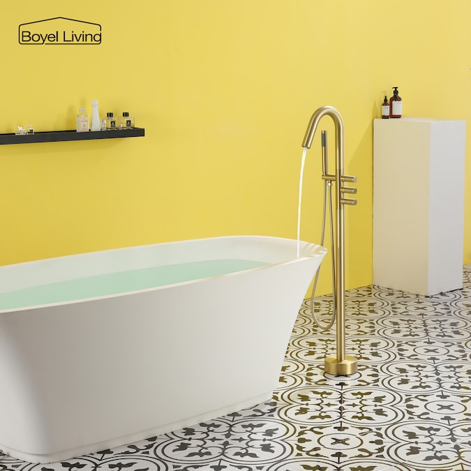 Clihome Brushed Gold 3-handle Freestanding Swivel Bathtub Faucet with Hand Shower (Valve Included) - Image 3