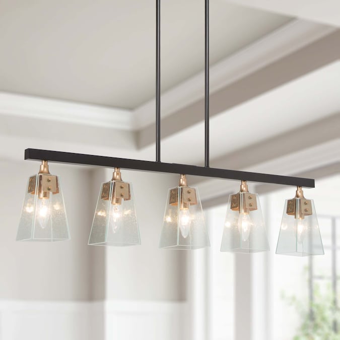 Uolfin 5-Light Large 34-in Black and Gold with Bell Glass Modern/Contemporary Seeded Glass Linear LED Large Hanging Kitchen Island Light