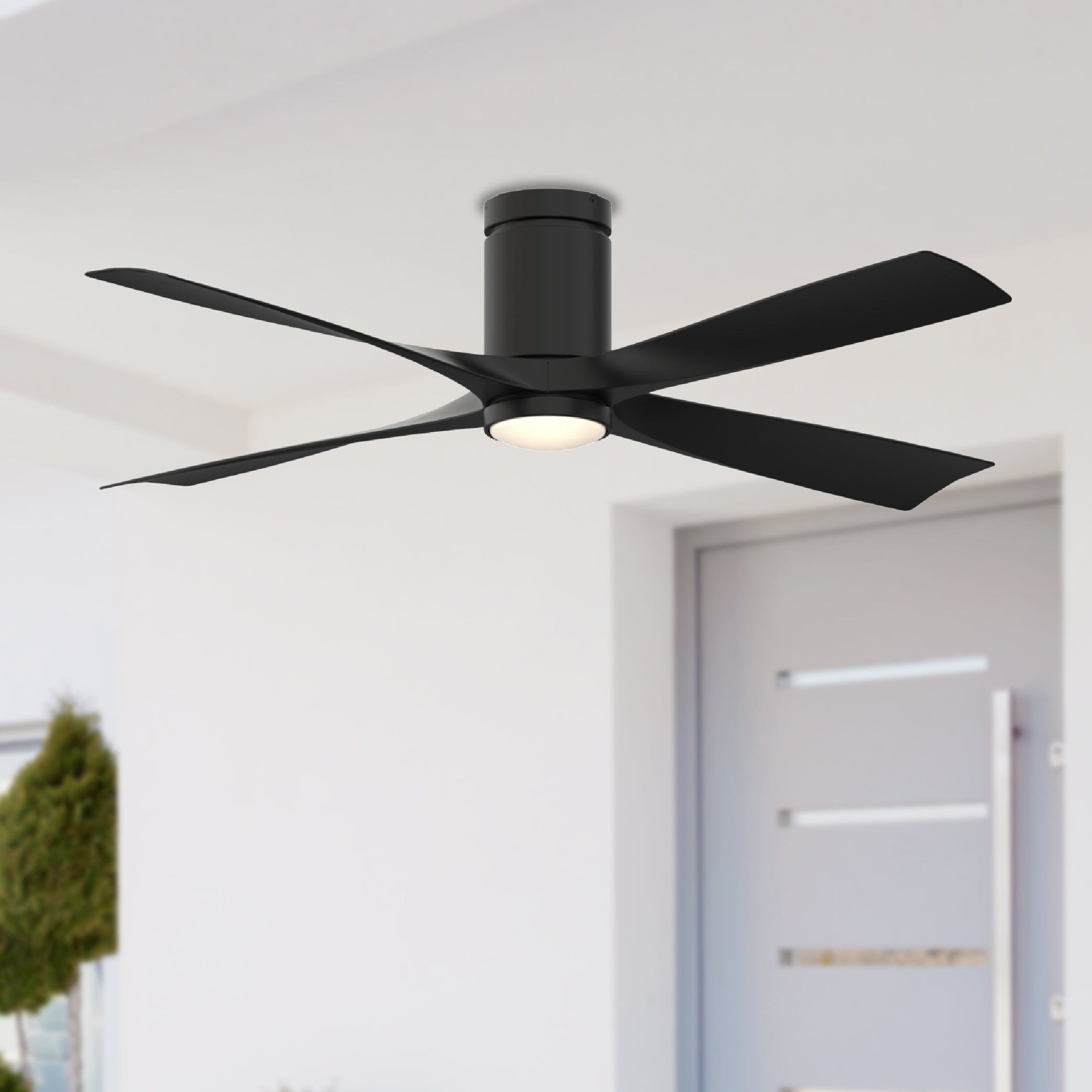 AireFlush 52-in Color-Changing Integrated LED Outdoor Flush Mount Black with Black Blades Ceiling Fan With Light - Remote Included ( 4 -Blade )