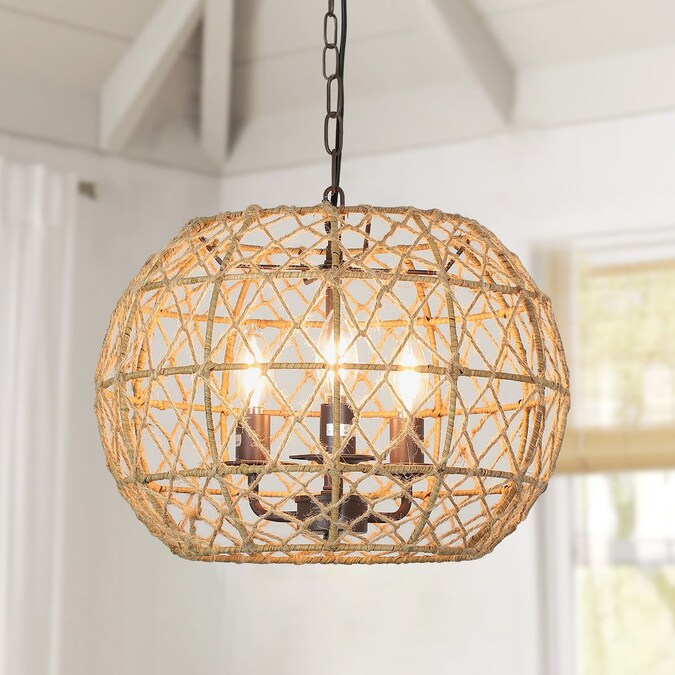 Depuley 3-Light Matte Black Canopy with Natural Rattan Shade Rustic Drum Led Large Hanging Pendant Light