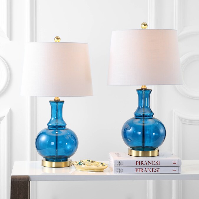 JONATHAN  Y Lavelle Glass Contemporary Transitional 25-in Cobalt Blue Led, Rotary Socket Table Lamp with Linen Shade