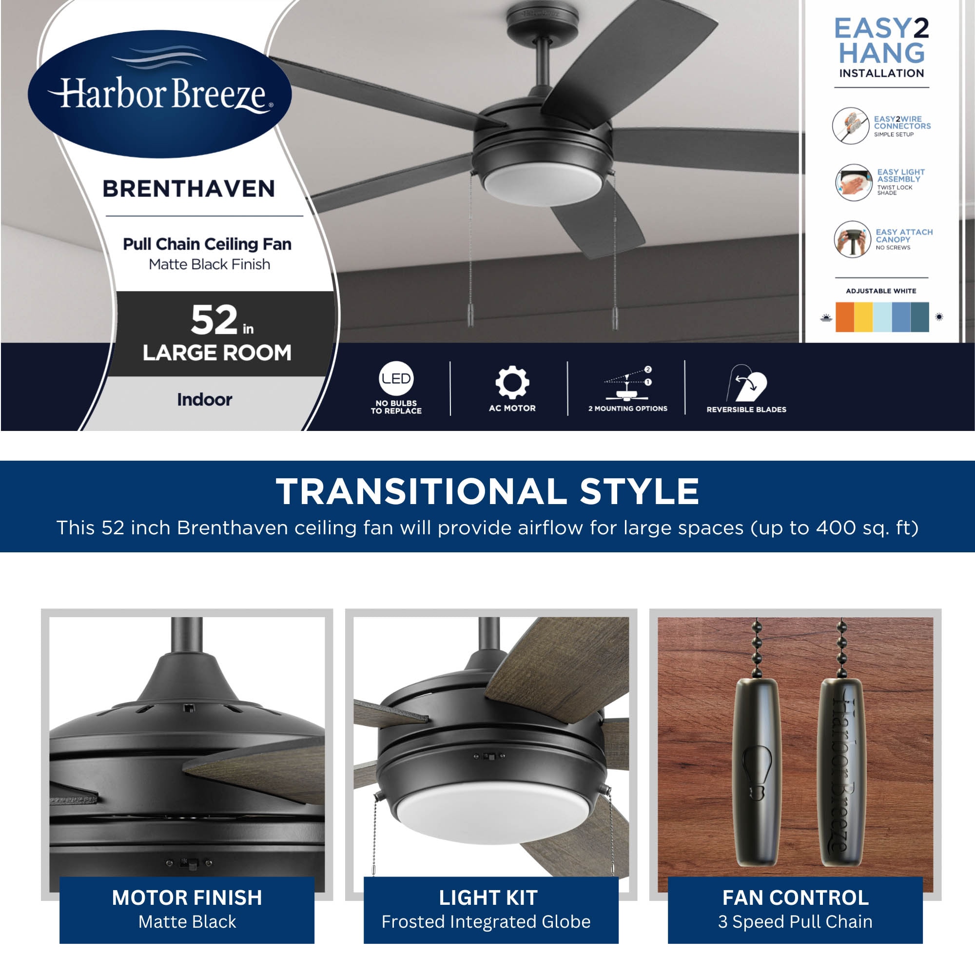 Brenthaven 52-in Color-Changing Integrated LED Matte Black with Matte Black/Mocha Blades Ceiling Fan With Light ( 5 -Blade ) - Image 3