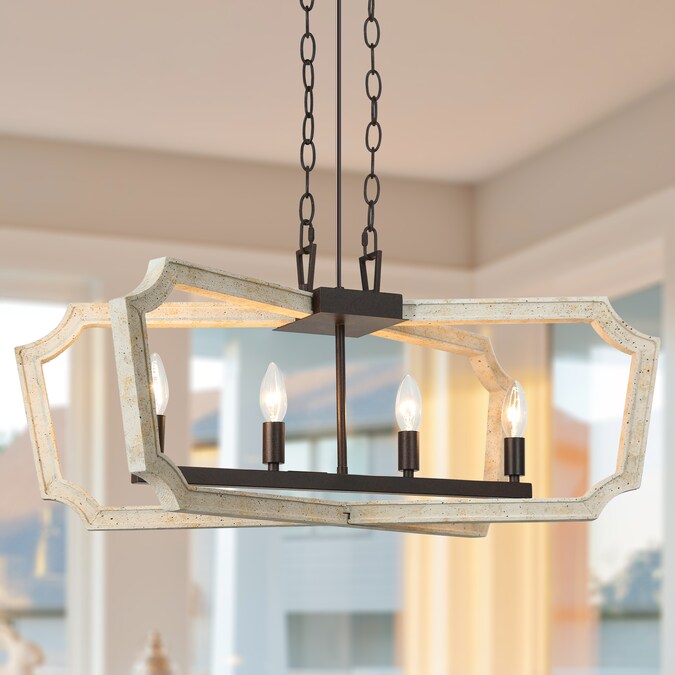 LNC Creamy 4-Light Distressed Black and Off-white Wood Farmhouse Linear LED Large Hanging Kitchen Island Light